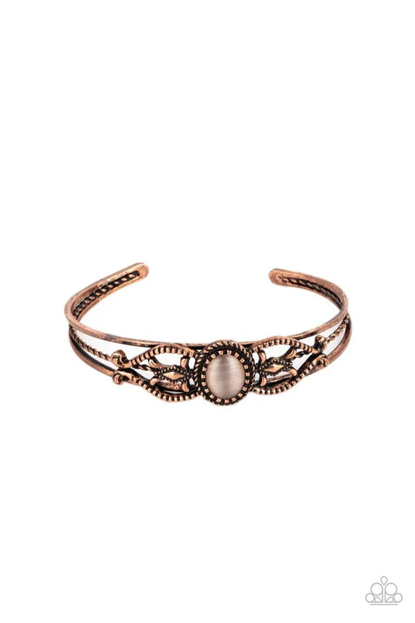 Wait and SEER - Copper Textured Filigree Whirl Cat's Eye Moonstone Cuff Bracelet B#7026