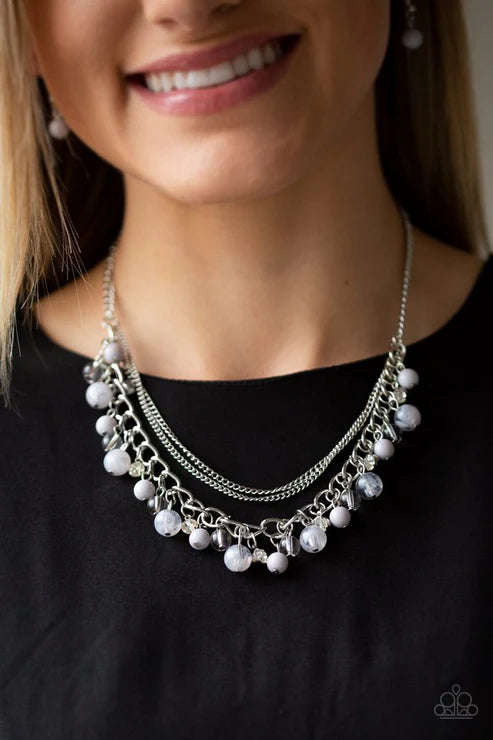 Wait and SEA - Silver/Gray Mismatched Encrusted Fringe Necklace N#6511