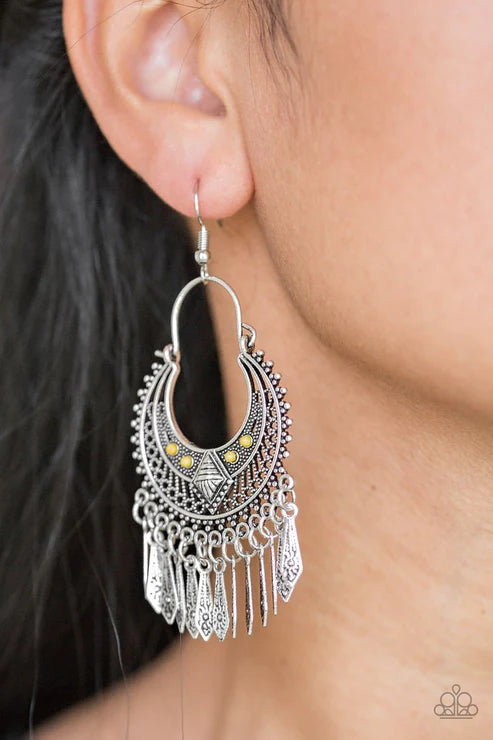 Walk On The Wildside - Oversized Yellow Dotted Diamond Flared Embellish Textured Crescent Tribal Fringe Earrings E#3508