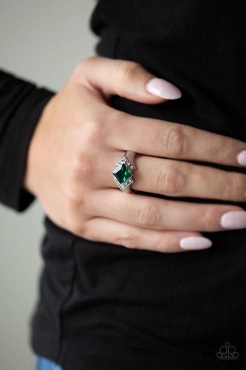 Wallstreet Winner - Green Regal Square Cut Encrusted Bold Dusted Refined Flair Ring R#6417