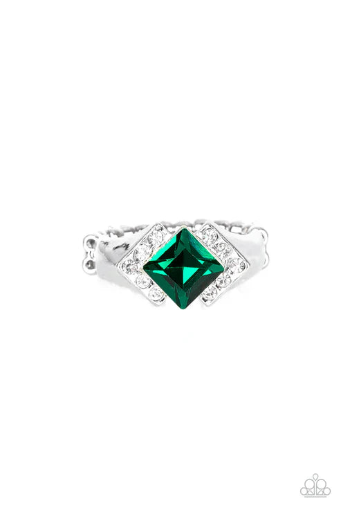 Wallstreet Winner - Green Regal Square Cut Encrusted Bold Dusted Refined Flair Ring R#6417