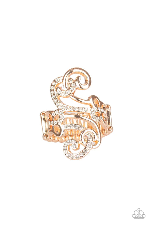 Waltzing Wonders - Oversized Gold/Rose Gold Intertwine Swirl Ribbon Butterfly Encrusted Ring R#5207