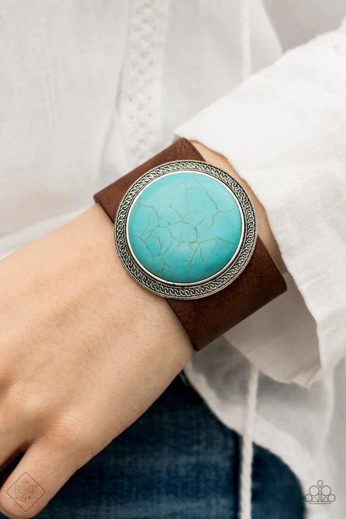 Wander On Repeat - Oversized Blue Stone Textured Studded Rustic Leather Bracelet B#5478