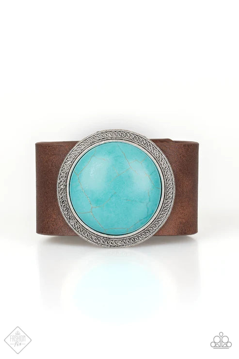 Wander On Repeat - Oversized Blue Stone Textured Studded Rustic Leather Bracelet B#5478