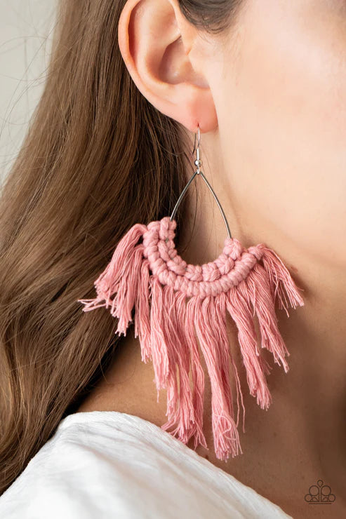 Wanna Piece Of MACRAME? - Oversized Pink (Rose Tan) Macrame Knotted Sleet Tassel Teardrop Fringe Earrings E#2700