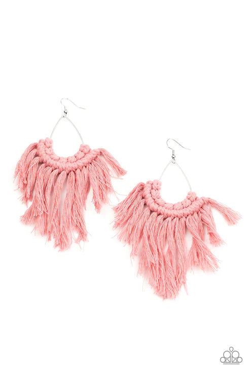 Wanna Piece Of MACRAME? - Oversized Pink (Rose Tan) Macrame Knotted Sleet Tassel Teardrop Fringe Earrings E#2700