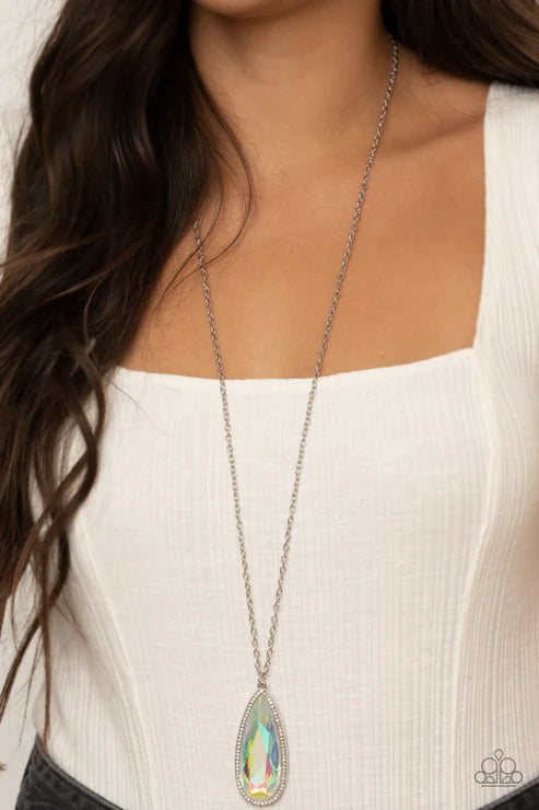 Watch Out For REIGN - Oversized Multi Bordered Encrusted Iridescent Teardrop Regal Pendant Necklace N#5627