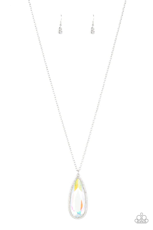 Watch Out For REIGN - Oversized Multi Bordered Encrusted Iridescent Teardrop Regal Pendant Necklace N#5627
