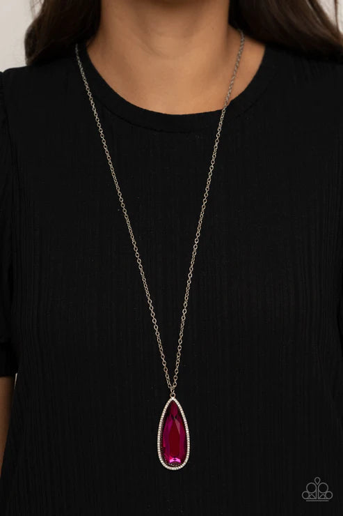 Watch Out For REIGN - Oversized Pink Peacock Bordered Encrusted Iridescent Teardrop Regal Pendant Necklace N#6036