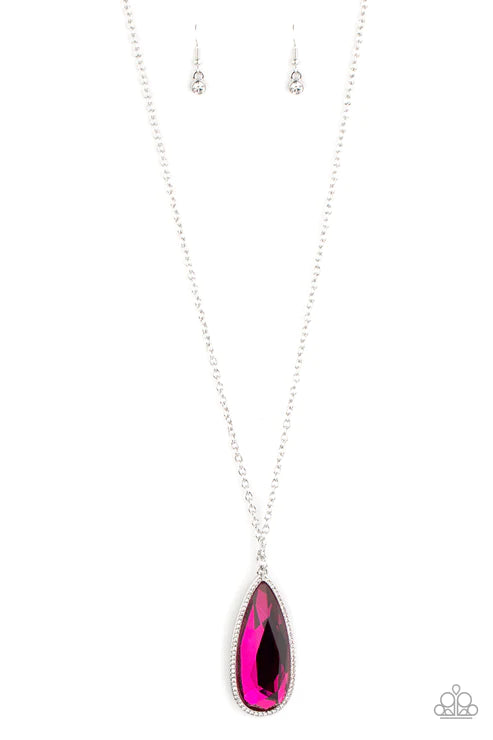Watch Out For REIGN - Oversized Pink Peacock Bordered Encrusted Iridescent Teardrop Regal Pendant Necklace N#6036