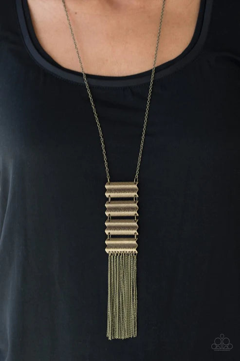Watch Your Step - Brass Geometric Tribal Fringe Tassel Necklace N#2826