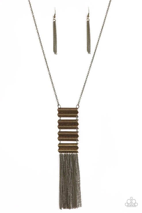 Watch Your Step - Brass Geometric Tribal Fringe Tassel Necklace N#2826