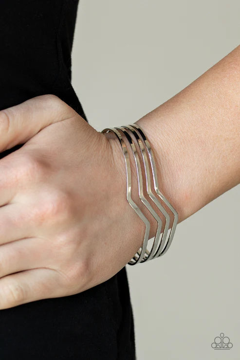 Waverunner - Silver ZigZag Bars Coalescing Wavy Cuff Bracelet B#4684