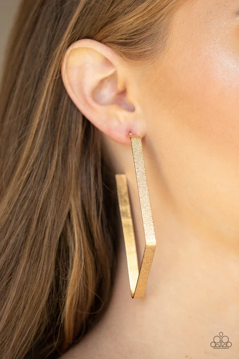 Way Over The Edge - Gold Hammered Asymmetrical Hoop Earrings E#2713