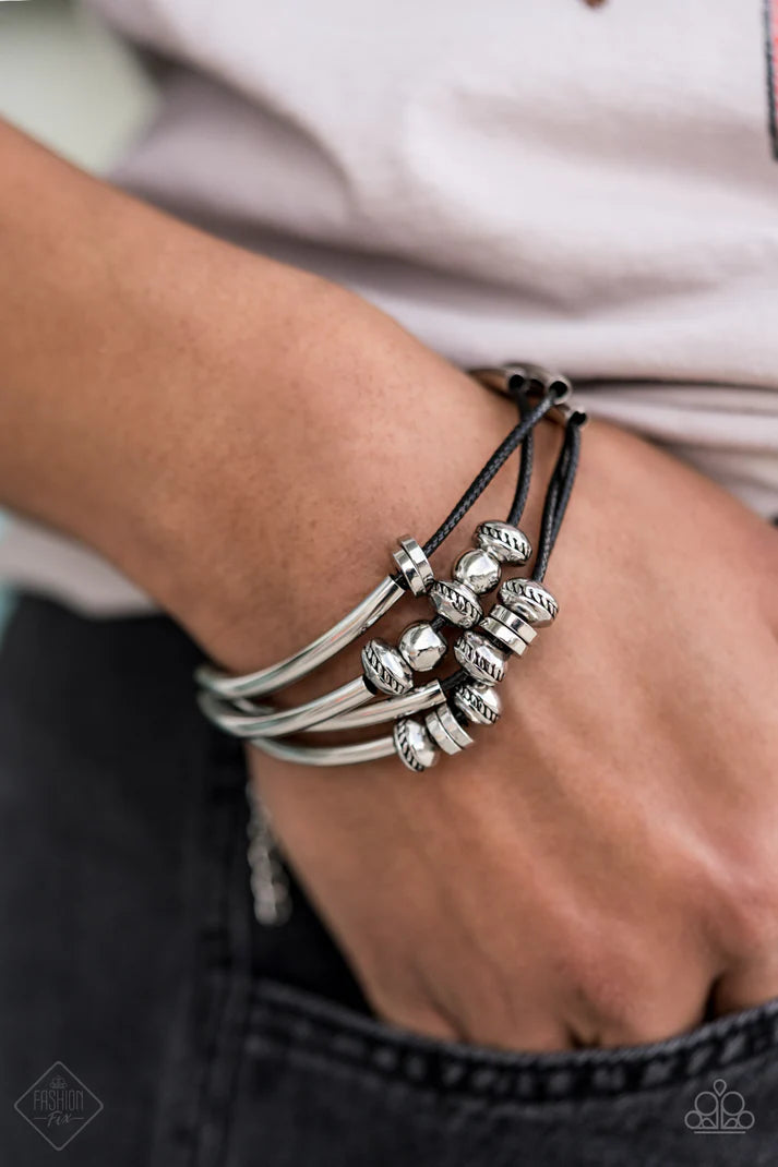 We Aim To Please - Black Antiqued Curved Cylinder Sliding Bars Loop Mimic Pipe Fittings Industrial Bracelet B#7215