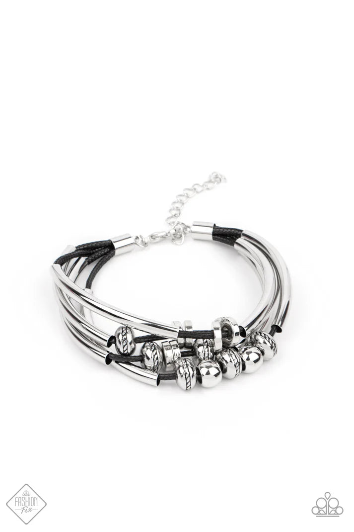 We Aim To Please - Black Antiqued Curved Cylinder Sliding Bars Loop Mimic Pipe Fittings Industrial Bracelet B#7215