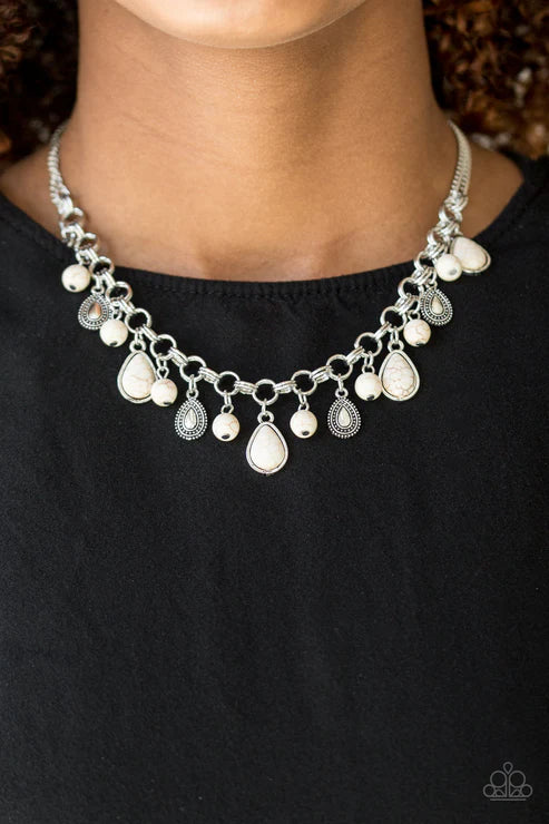Welcome To Bedrock - White Tactile Embossed/Studded Round/Teardrop Stone Double-Linked Fringe Necklace N#6575