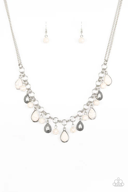 Welcome To Bedrock - White Tactile Embossed/Studded Round/Teardrop Stone Double-Linked Fringe Necklace N#6575