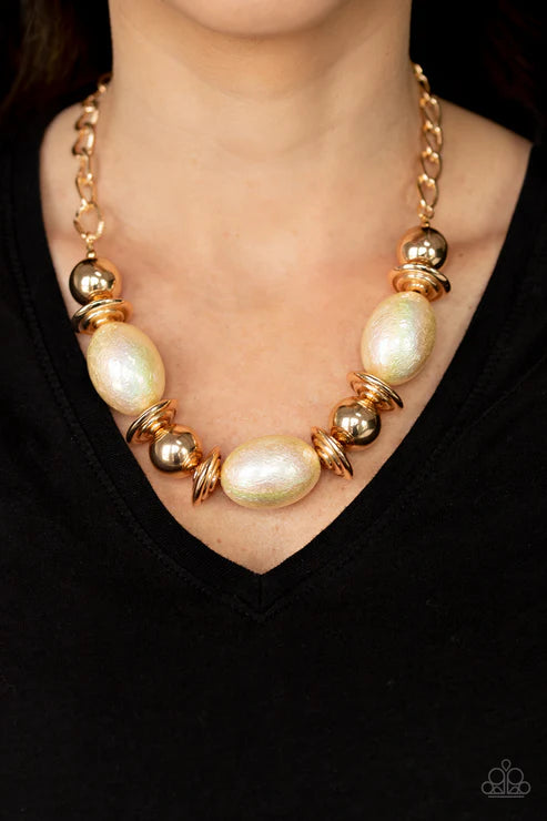 Welcome To The Big Leagues - Oversized Gold Textured Iridescent Oval Subtle Scratch Surface Necklace N#7397