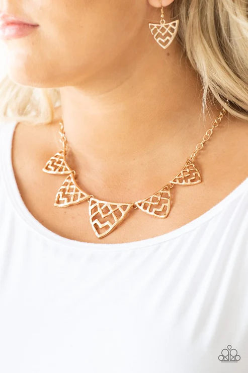 Welcome To The Lions Den - Gold Geometric Connected Fringe Necklace N#2723