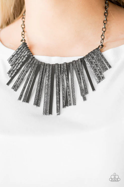 Welcome To The Pack - Oversized Black Embossed Linear Rod Tapered Fringe Necklace N#4053