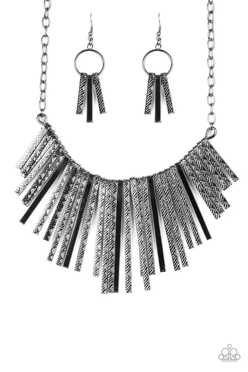 Welcome To The Pack - Oversized Black Embossed Linear Rod Tapered Fringe Necklace N#4053