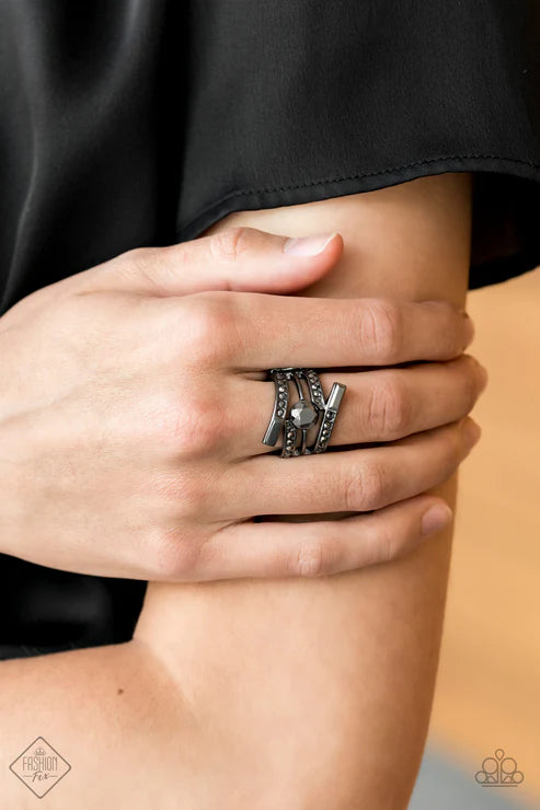 Well Played - Black Metallic Curved Wrapped Hematite Encrusted Ring R#6743