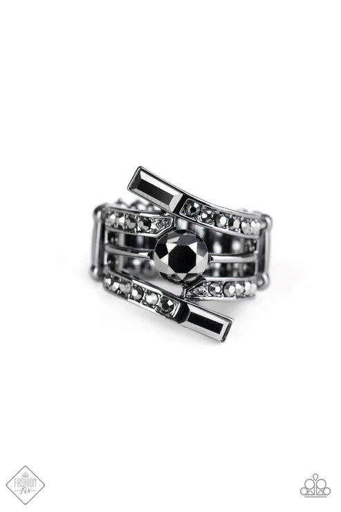 Well Played - Black Metallic Curved Wrapped Hematite Encrusted Ring R#6743