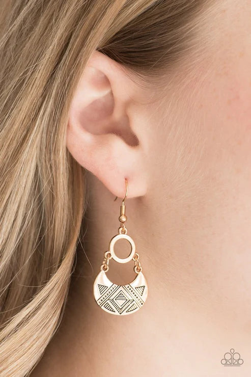West Side Wild - Gold Stamped Geometric "Swing" Crescent Tribal Hoop Earrings E#4060
