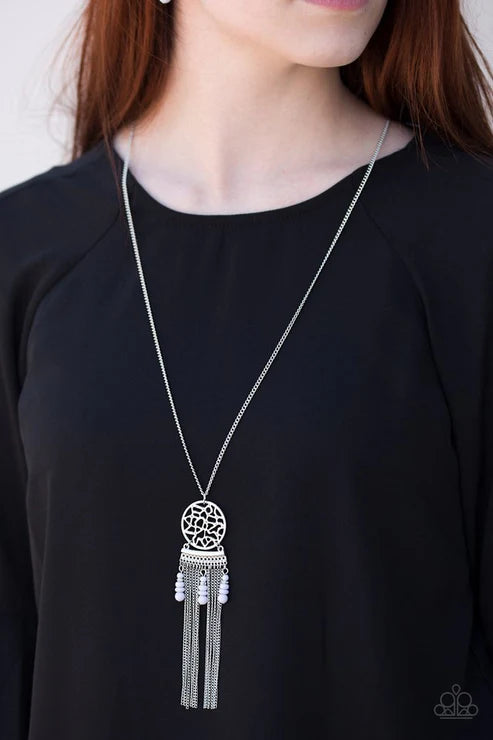 Western Wayward - Silver (Gray) Dream-Catcher Stacked Chains Stream Whimsical Pendant Fringe Necklace N#6537