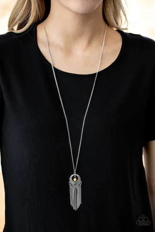 Western Weather - Sunny Yellow Tapered Tassel Necklace N#6178
