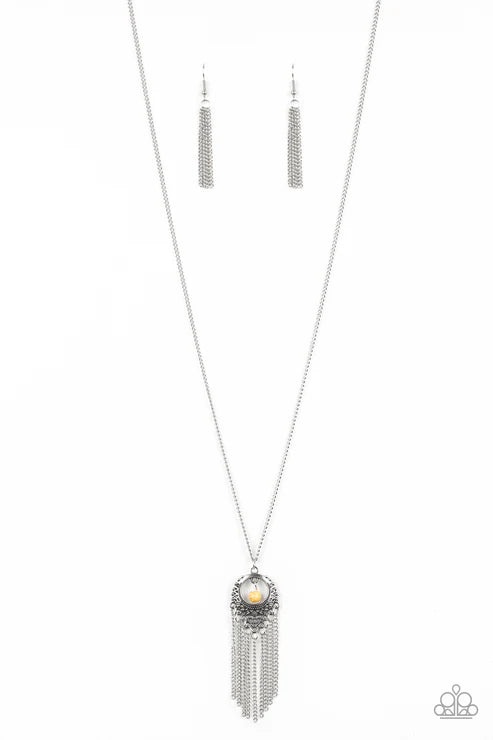 Western Weather - Sunny Yellow Tapered Tassel Necklace N#6178