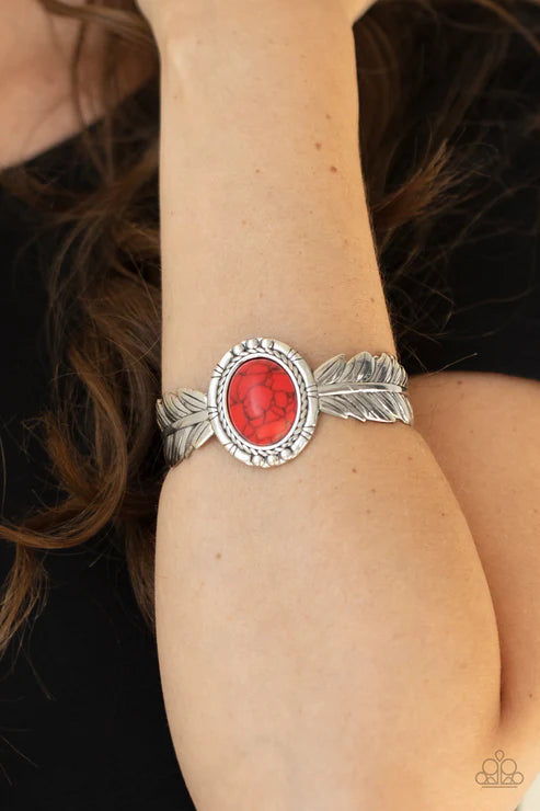 Western Wings - Rustic Red/Silver Stamped Embossed 3D Feathers Branch Out Textured Stone Free-Spirited Cuff Bracelet B#6671