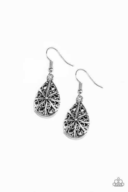 Western Wisteria - Silver Antiqued Shimmer Filigree Teardrop Earrings E#5698