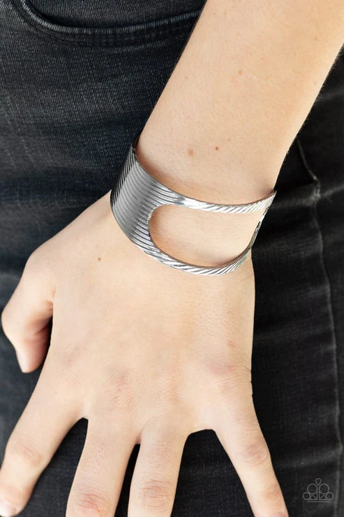What GLEAMS Are Made Of - Oversized Black Airy Asymmetrical Etched Slanted Linear Cut-Out Industrial Cuff Bracelet B#4652