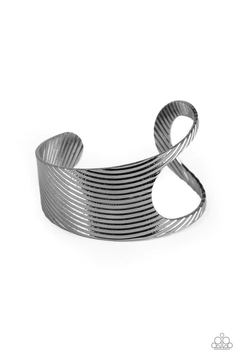 What GLEAMS Are Made Of - Oversized Black Airy Asymmetrical Etched Slanted Linear Cut-Out Industrial Cuff Bracelet B#4652