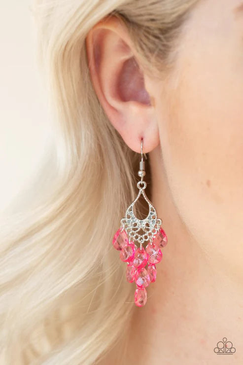 What Happens In Maui - Pink Crystal Ornate Chandelier Fringe Earrings E#535