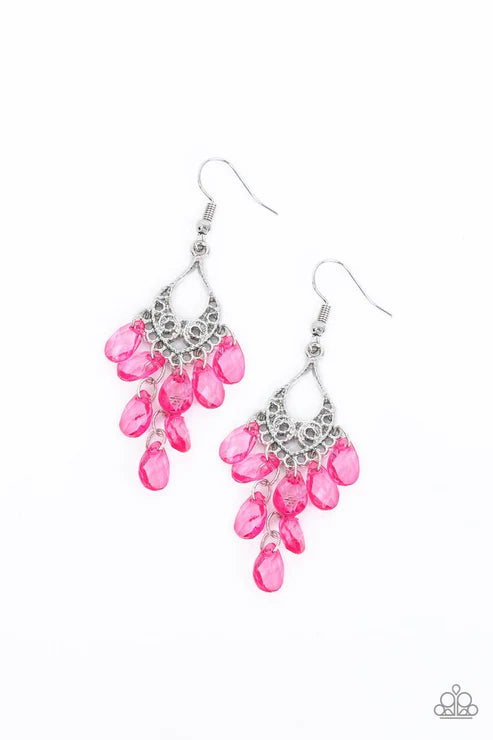 What Happens In Maui - Pink Crystal Ornate Chandelier Fringe Earrings E#535