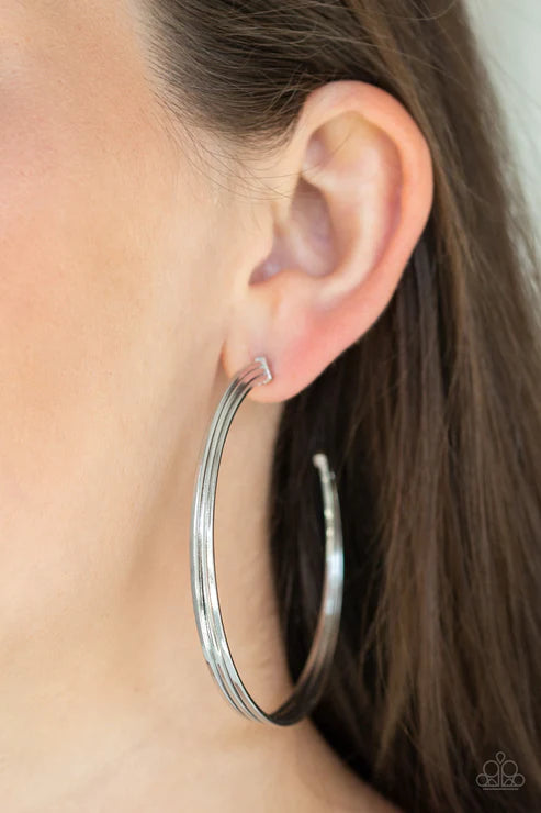 Wheelhouse - Oversized Silver Trio Flat Bars Curl Bold Stacked Edgy Hoop Earrings E#3837