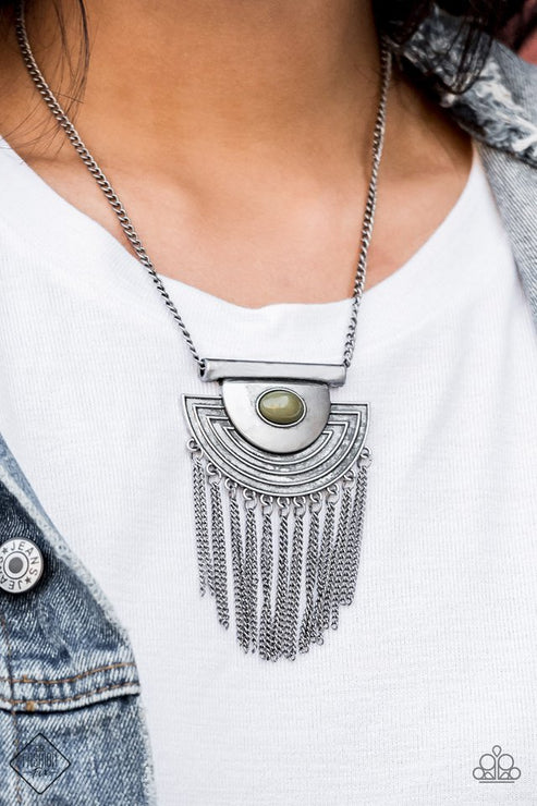 When In ROAM - Green (Martini Olive) Geometric Crescent Tassel Swing Fringe Necklace N#4005