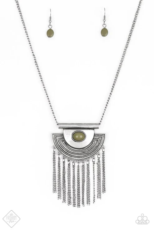 When In ROAM - Green (Martini Olive) Geometric Crescent Tassel Swing Fringe Necklace N#4005