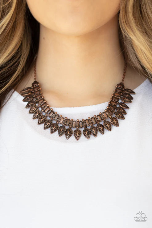 When The Hunter Becomes The Hunted - Copper Studded Hexagonal Tribal Fringe Necklace N#4395