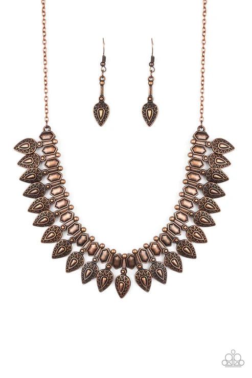 When The Hunter Becomes The Hunted - Copper Studded Hexagonal Tribal Fringe Necklace N#4395