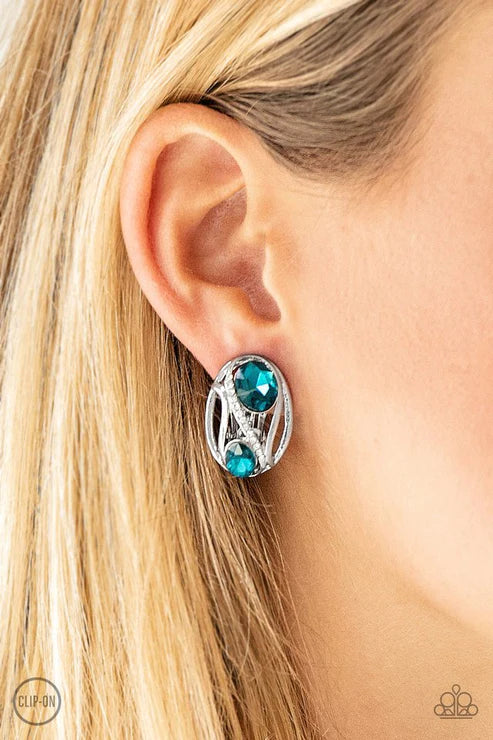 Wheres The FIREWORK? - Oversized Blue Regal Encrusted Spin Bar Clip-On Earrings E#6016