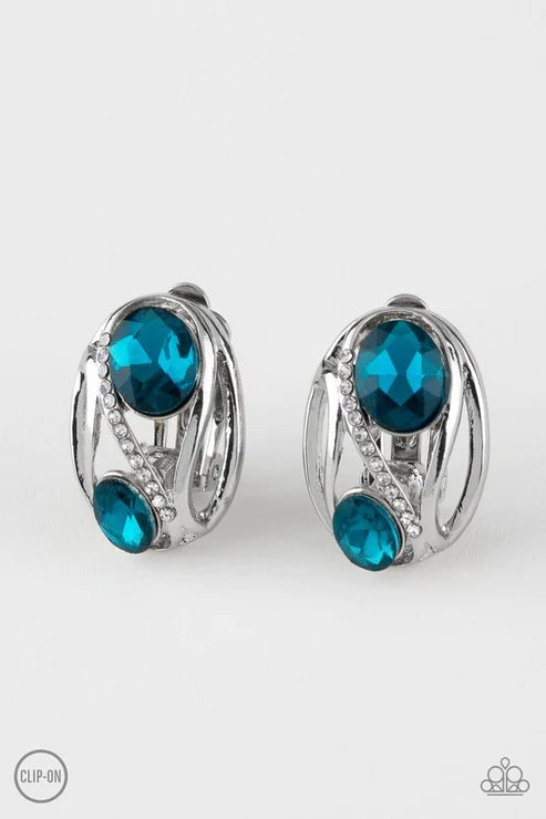 Wheres The FIREWORK? - Oversized Blue Regal Encrusted Spin Bar Clip-On Earrings E#6016