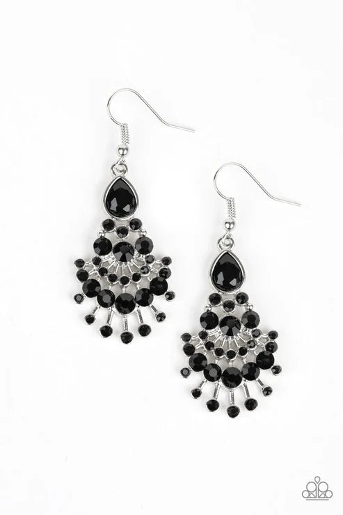Wheres The Limo? - Black Encrusted Round/Teardrop Cascade Chandelier Earrings E#3972