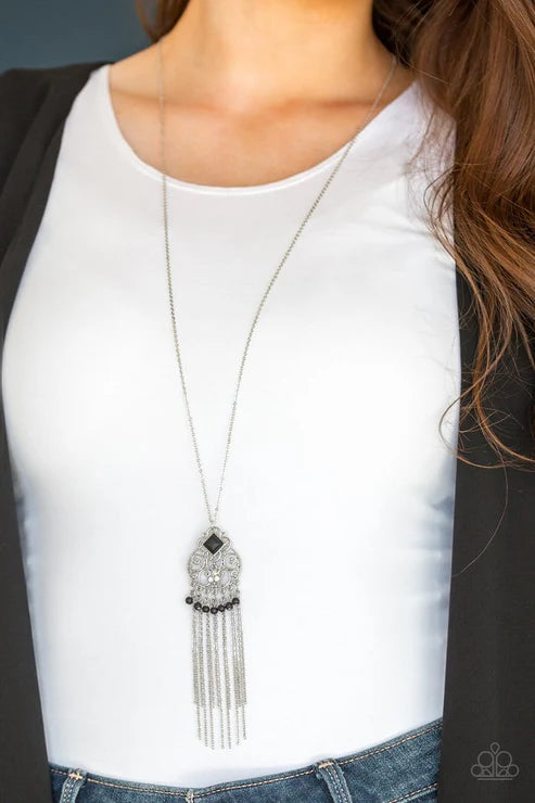 Whimsically Western - Black Opaque Vein Filigree Tassel Fringe Necklace N#6279