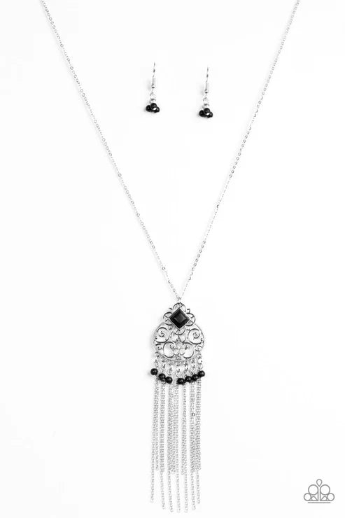 Whimsically Western - Black Opaque Vein Filigree Tassel Fringe Necklace N#6279