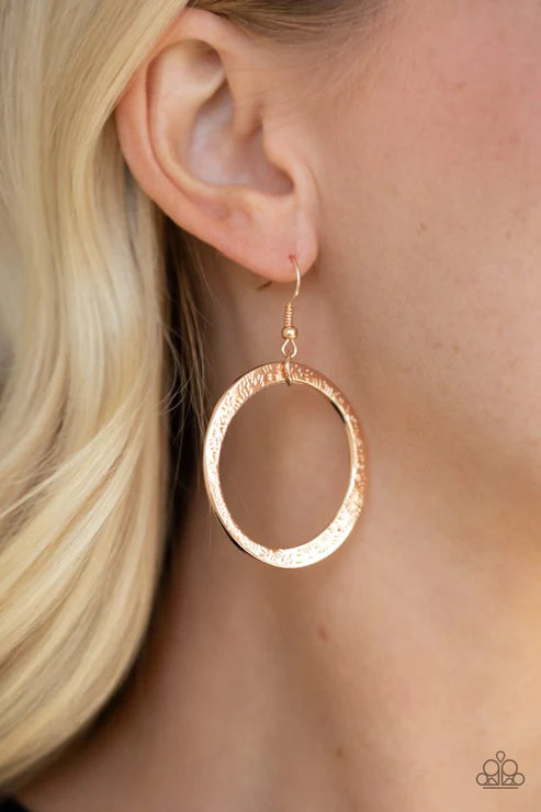Wildly Wild-lust - Rose Gold Asymmetrical Artisan Detailed Hammered Hoop Earrings E#2888
