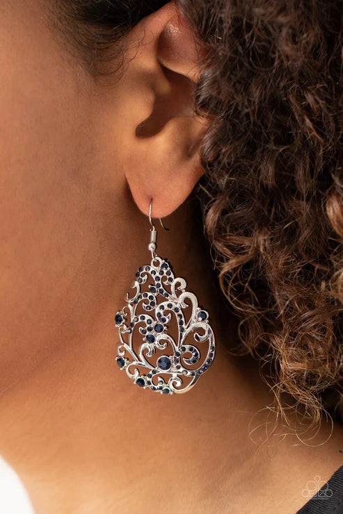 Winter Garden - Blue Dotted Encrusted Filigree Vine Teardrop Earrings E#6131